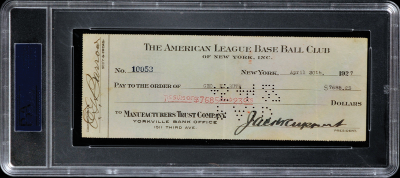 Babe Ruth 1927 Payroll Check