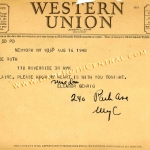 Eleanor Gehrig Telegram to Claire Ruth