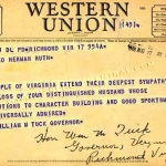 Virginia Governor Telegram to Claire Ruth